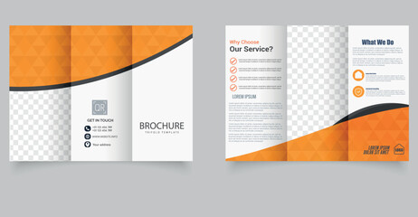 Creative and professional trifold brochure template with vibrant orange theme and geometric wave design. Includes placeholders for text, icons, and images. Fully layered and print-ready.