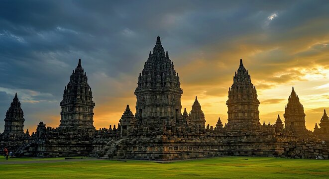 Central Prambanan Temple Towers in Warm Sunlight, Dramatic Sky & Carvings