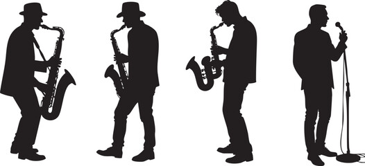 Silhouettes of jazz saxophone musicians on white background. Vector illustration.