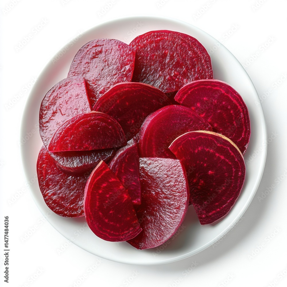 Poster overhead close-up of sliced beets on a white plate showing vibrant red color and texture for healthy