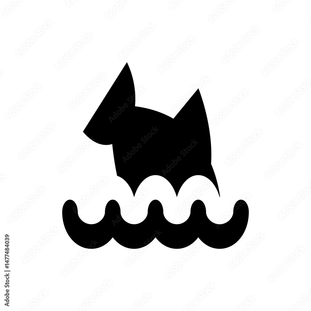 Poster silhouette of a shark with fins above water with wavy lines representing the ocean on a white backgr
