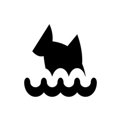 Silhouette of a shark with fins above water with wavy lines representing the ocean on a white background