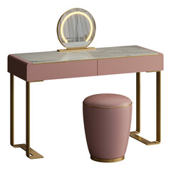 A pink vanity with a mirror and a pink stool