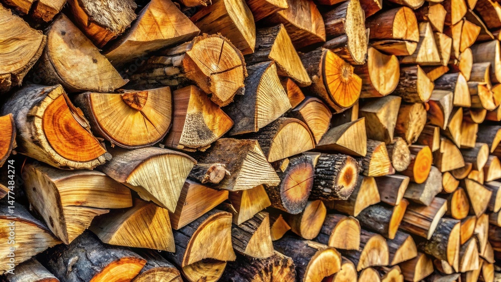 Poster a dense stack of neatly arranged firewood logs, showcasing a variety of shapes and sizes, with warm,