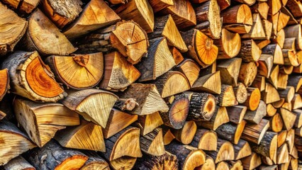 A dense stack of neatly arranged firewood logs, showcasing a variety of shapes and sizes, with warm, sunlit hues and rich textural details, offering a rustic and inviting aesthetic