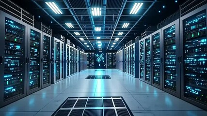 Futuristic server room with glowing racks and digital network map - Powered by Adobe