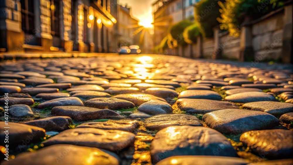 Aufkleber golden hour illumination on a cobblestone street, a pathway to tranquility and serene evening ambian