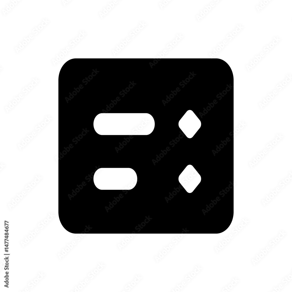 Poster black rectangle with rounded corners contains two horizontal bars and two small diamond shapes on th