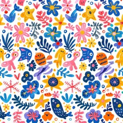 seamless repeating pattern of bright cartoon jellyfish, fish, seahorses, starfish, and undersea plants