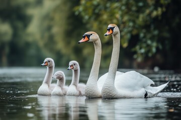 Obraz premium A peaceful river with a family of swans gliding smoothly