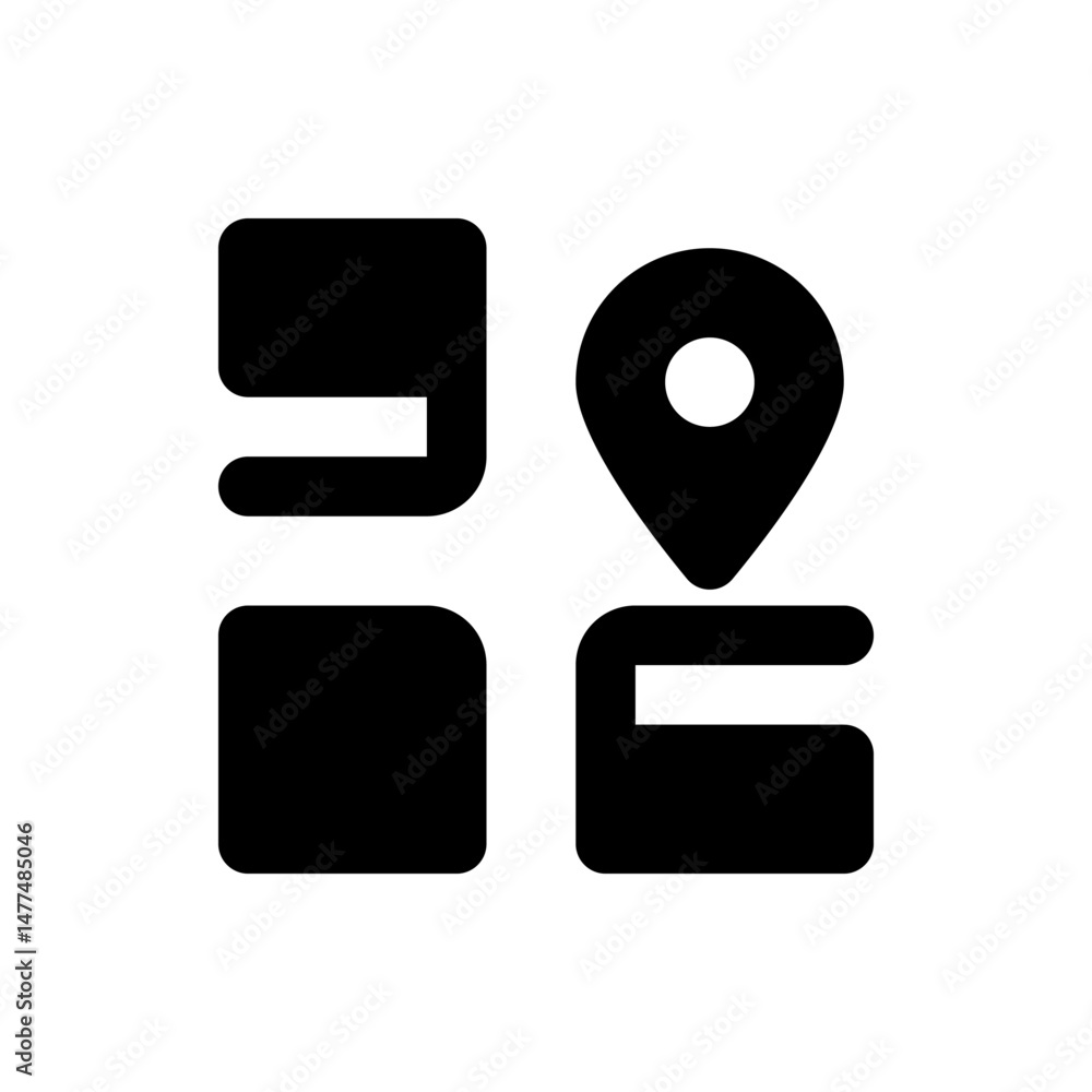Poster four black glyphs arranged in a square format with rounded corners and simple geometric shapes prese