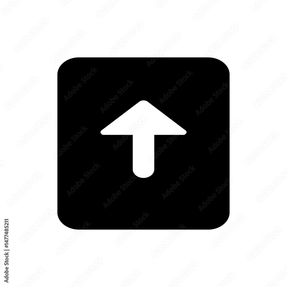 Poster white upward arrow inside a black rounded rectangle indicating direction or upload function usage he