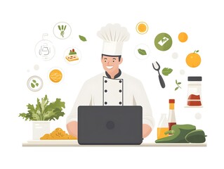 A smiling male chef uses a laptop computer to create online cooking content surrounded by fresh ingredients and recipe ideas.