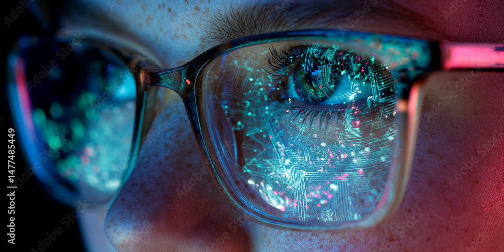 Poster Close-up of eye reflected in glasses, showing circuit board pattern, creating a technological, futuristic effect Symbolizes connection, innovation, digital world
