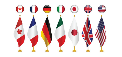 7 countries flag with pole and button flag vector on white isolated