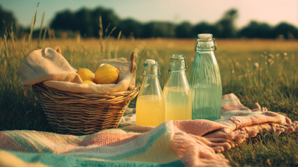Obraz premium Summer picnic setup featuring homemade lemonade