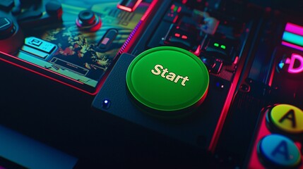 green start button on a gaming console with RGB lighting effects, positioned among other colorful control buttons. "Start" green button, start control, gaming console, RGB lighting, gamer, technology,