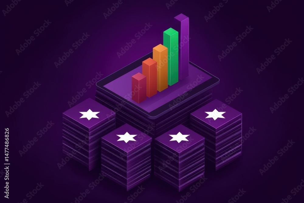 Aufkleber data visualization concept showcasing dynamic bar charts on a digital tablet set against a rich purp