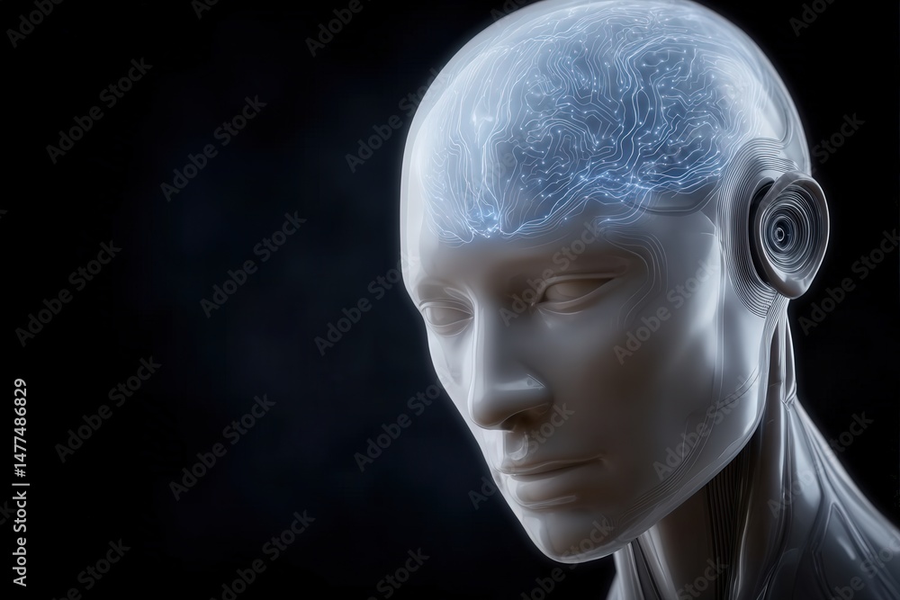 Poster futuristic humanoid figure with a transparent head showcasing intricate neural pathways illuminated 