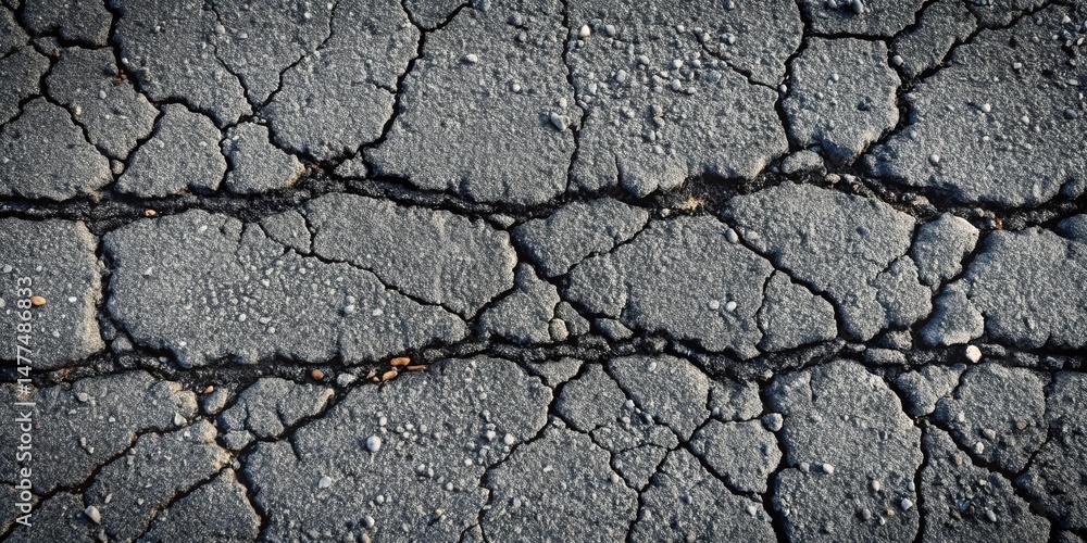Poster a detailed close-up view of a cracked and weathered surface showing extensive fracturing and textura