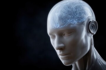 Futuristic humanoid figure with a transparent head showcasing intricate neural pathways illuminated with blue light against a dark background expressing the potential of advanced technology