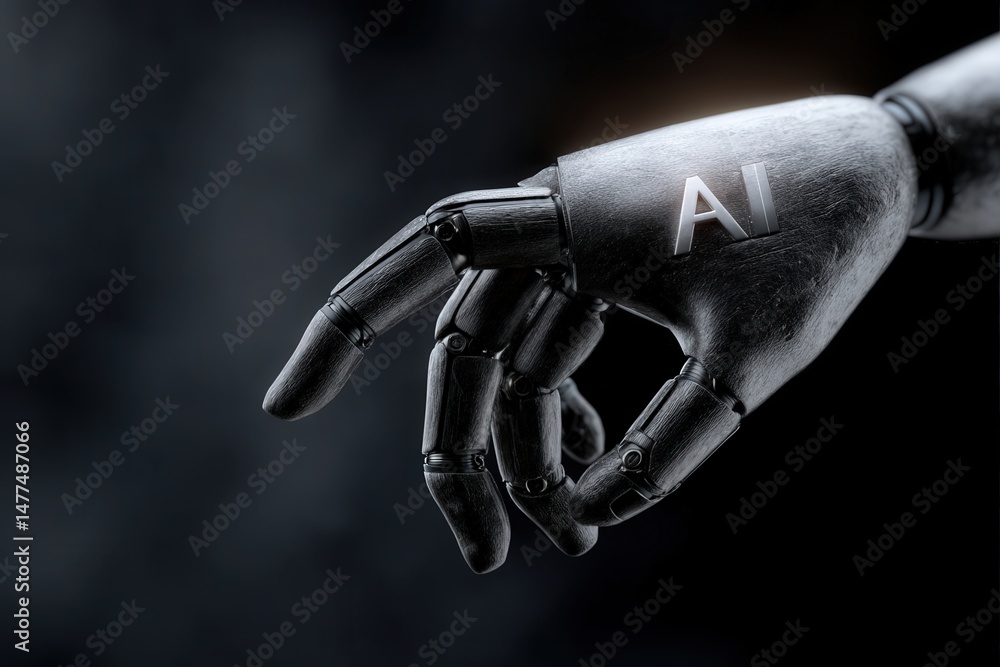 Poster the tactile elegance of a detailed robotic hand representing advanced artificial intelligence techno