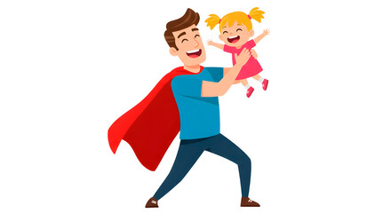 A cheerful cartoon illustration of a smiling father wearing a red cape and lifting his equally happy young daughter into the air