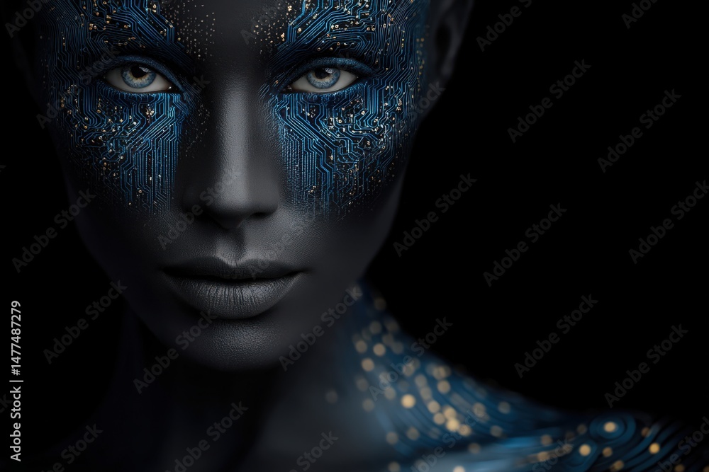 Poster a striking portrayal of a woman with a futuristic appearance featuring intricate blue circuit patter
