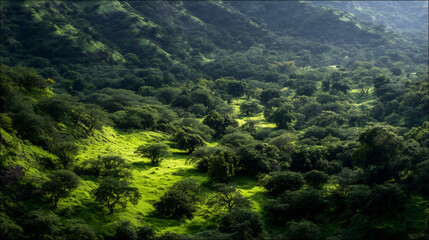 View of a verdant timber with lush verdure and clearings.