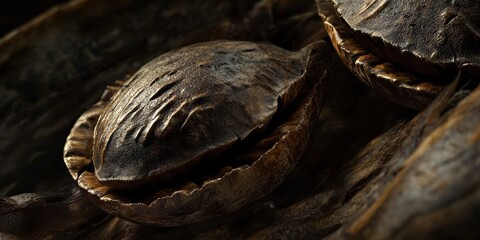 Close-up of dark, textured seed pods