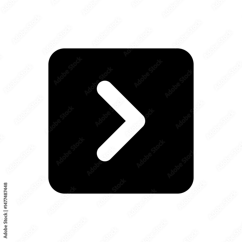 Poster rounded square with a white right arrow inside pointing to the right direction on a white background