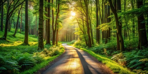 Sunlit Pathway Through Verdant Forest Canopy, Golden Hour Illumination on Winding Road