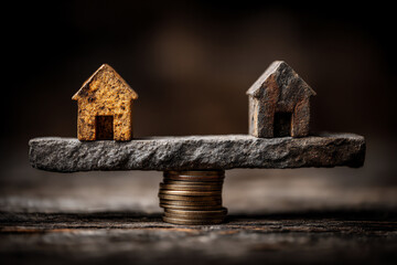 a close-up conceptual photograph on a textured surface depicting two miniature houses on a seesaw of coins