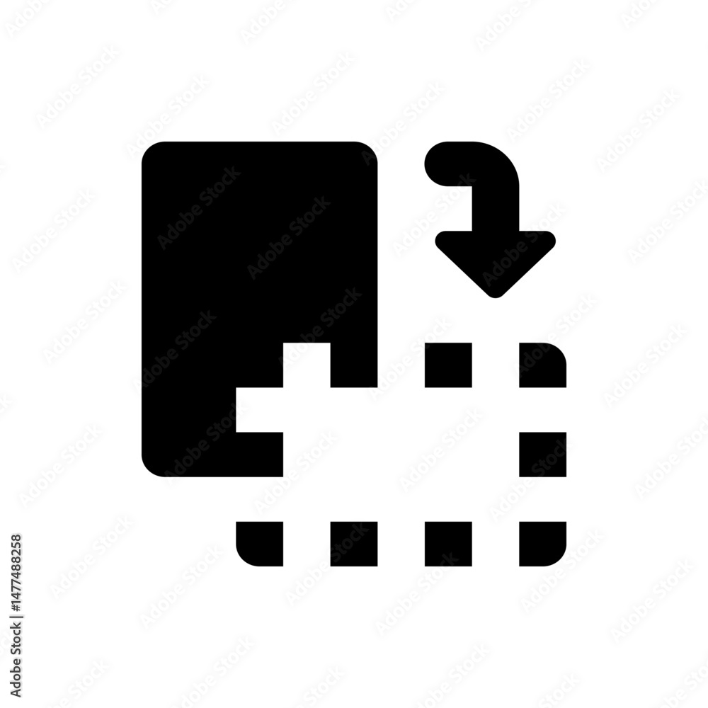 Poster black square with rounded corners and arrow pointing down on a grid with white squares and rounded e