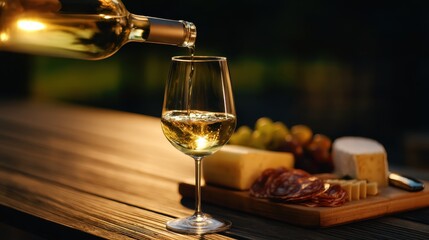 A serene outdoor scene featuring a glass of white wine being poured, accompanied by a charcuterie board with cheese and fruits, set against a blurred green background at sunset