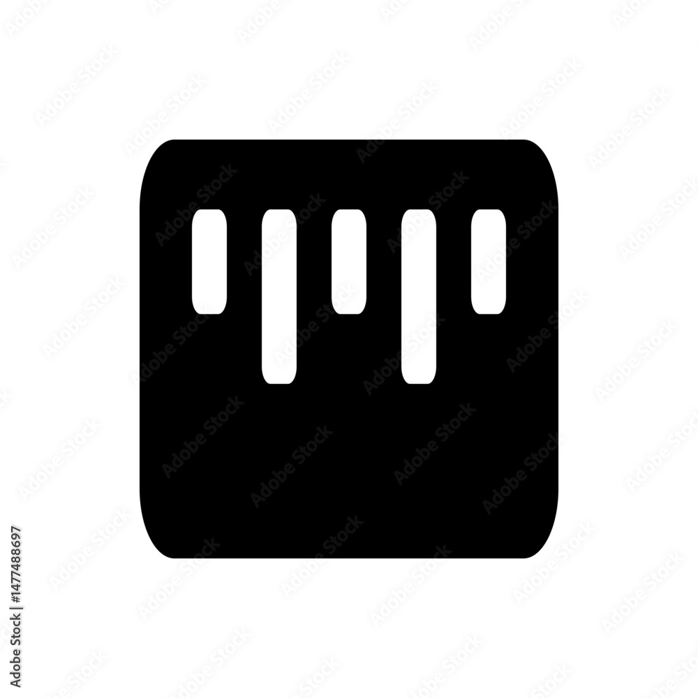 Poster black rectangle with rounded corners and four white rectangular cutouts arranged horizontally inside