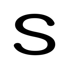 A bold black letter s stands prominently against a stark white background in a simple graphic design