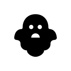 A simple black ghost with two white eyes and a white mouth floating on a white background design icon