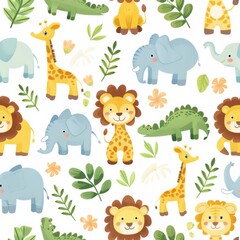 seamless repeating pattern of cute cartoon elephants, giraffes, lions, zebras, and crocodiles, soft pastel colors