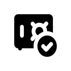 Illustration of a black safe with a white lock mechanism and a check mark inside a black circle