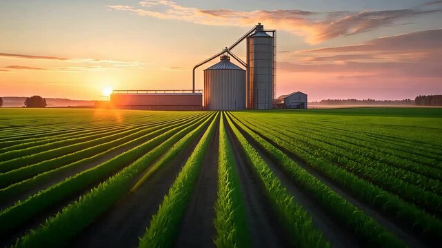 Wide agricultural field with green crop rows stretching toward a grain silo structure at sunrise under a colorful sky in rural farmland

