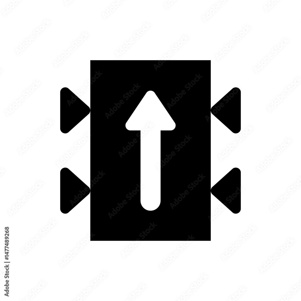 Poster black square with a white arrow pointing up and four black arrowheads pointing inwards, simple desig