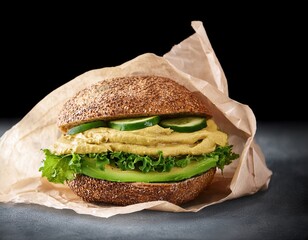 Fresh sandwich featuring cucumber slices, avocado, and creamy spread on whole-grain bun placed on dark table. Appetizing and healthy meal setting evokes a sense of well-being.