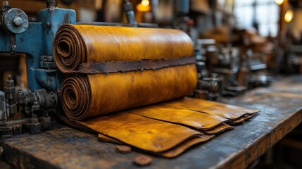 Close up of rolled leather sheets in workshop setting