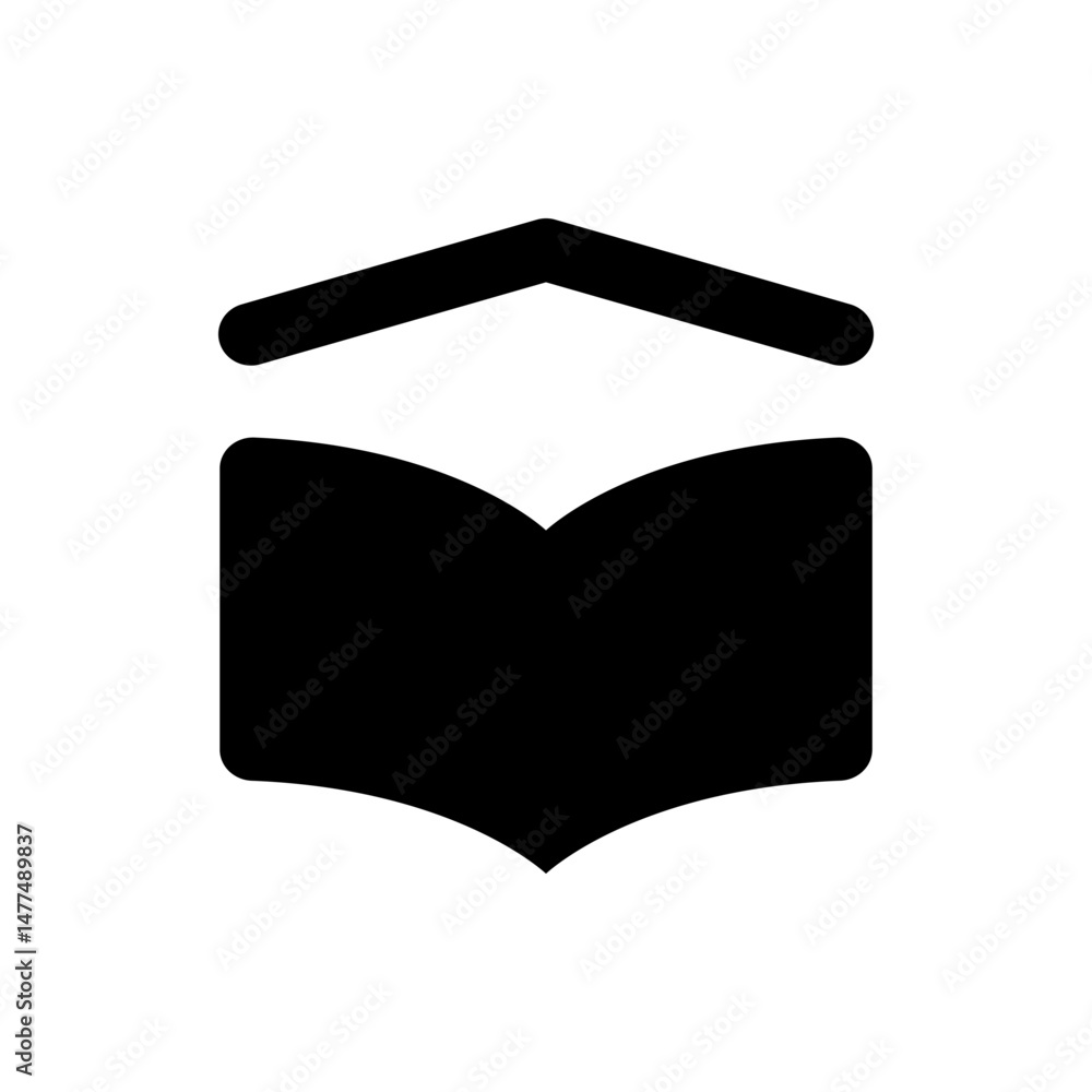 Poster illustration of an open book with a rectangular shape above it, all in solid black on a white backgr