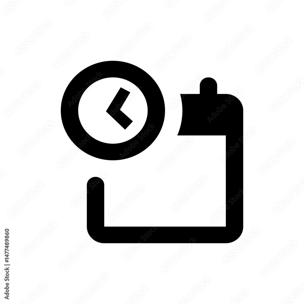 Poster black and white icon showing a clipboard with a clock on top indicating time management or schedulin
