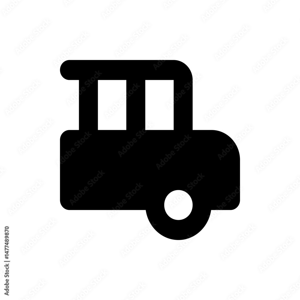Poster illustration of a simple black vehicle with a single visible wheel and a rectangular window shape de