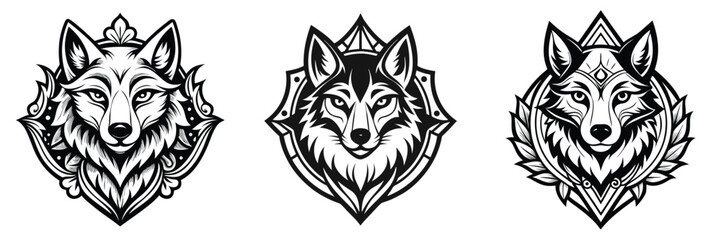 Naklejka premium Three stylized wolf head illustrations, each framed with unique ornate designs, showcasing intricate linework and black-and-white aesthetics.