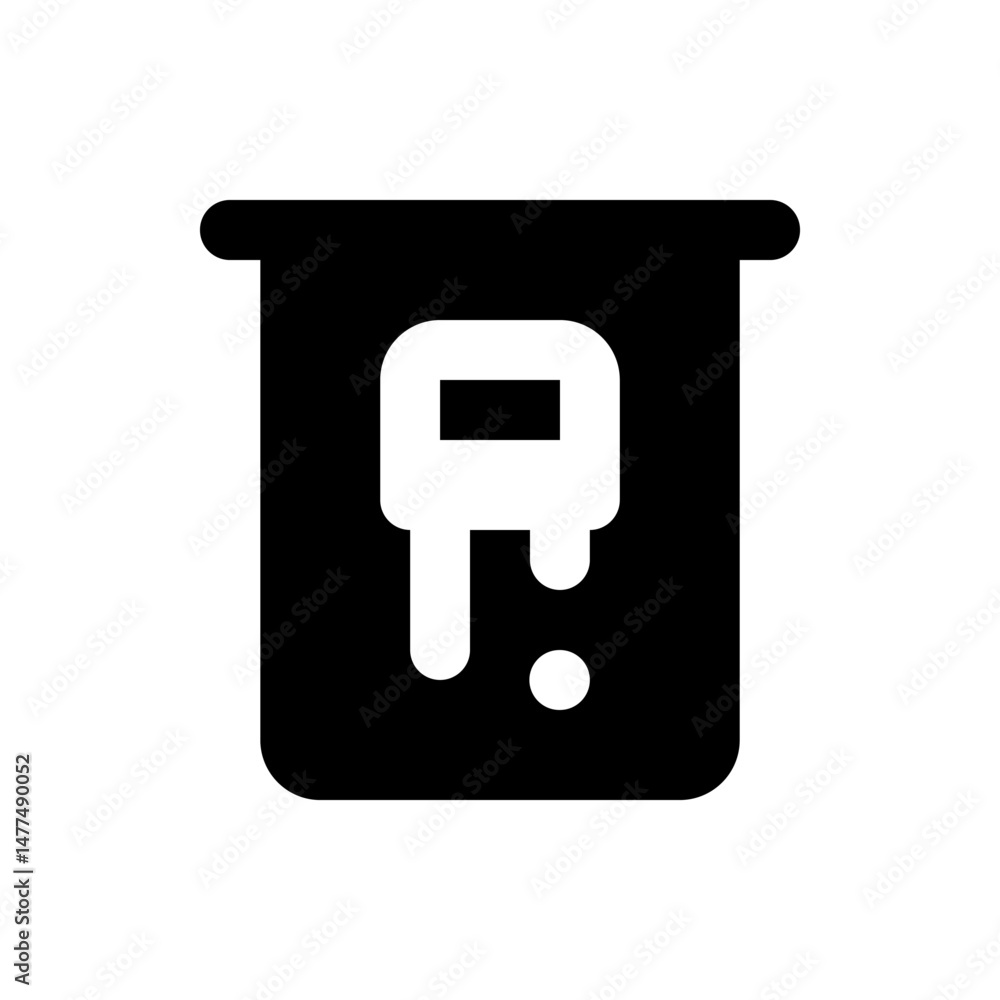 Poster illustration of a black container with a white liquid dripping down and a white object inside it wit