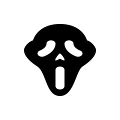 Illustration of a black and white scream mask icon with oval eyes and mouth in a simple graphic design